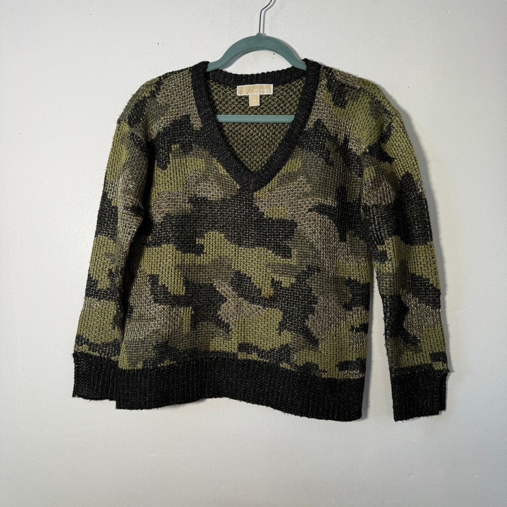 Michael Kors Womens Camo Metallic V-Neck Sweater Olive Green Black XS